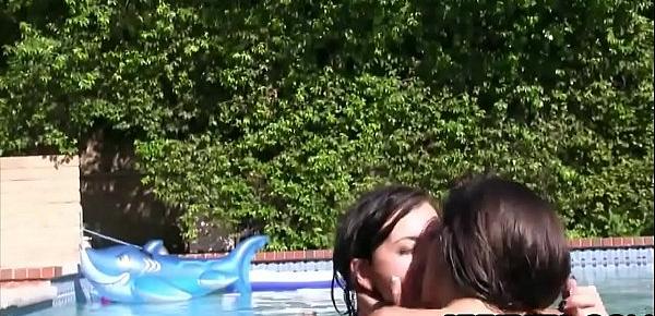  Teen chicks pool side outdoor groupsex by the pool